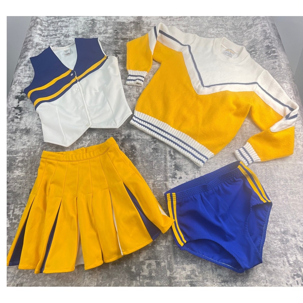 Vtg Bristol Womens 34 Cheerleading Sweater Set 4 Piece Yellow Blue White Uniform
